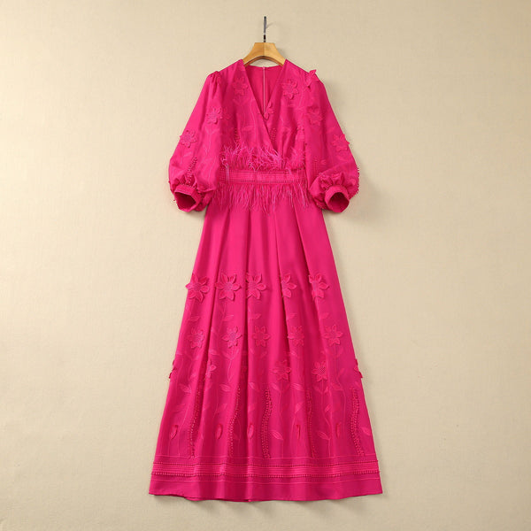 Wrapped Chest V-neck Embroidery Applique Feather Three-quarter Sleeve Fashion Dress