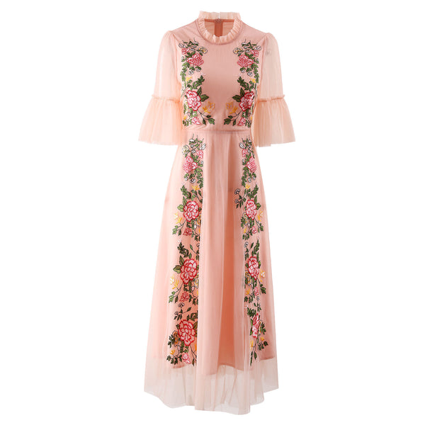 Positioning Embroidery Flower Mesh Large Swing Dress